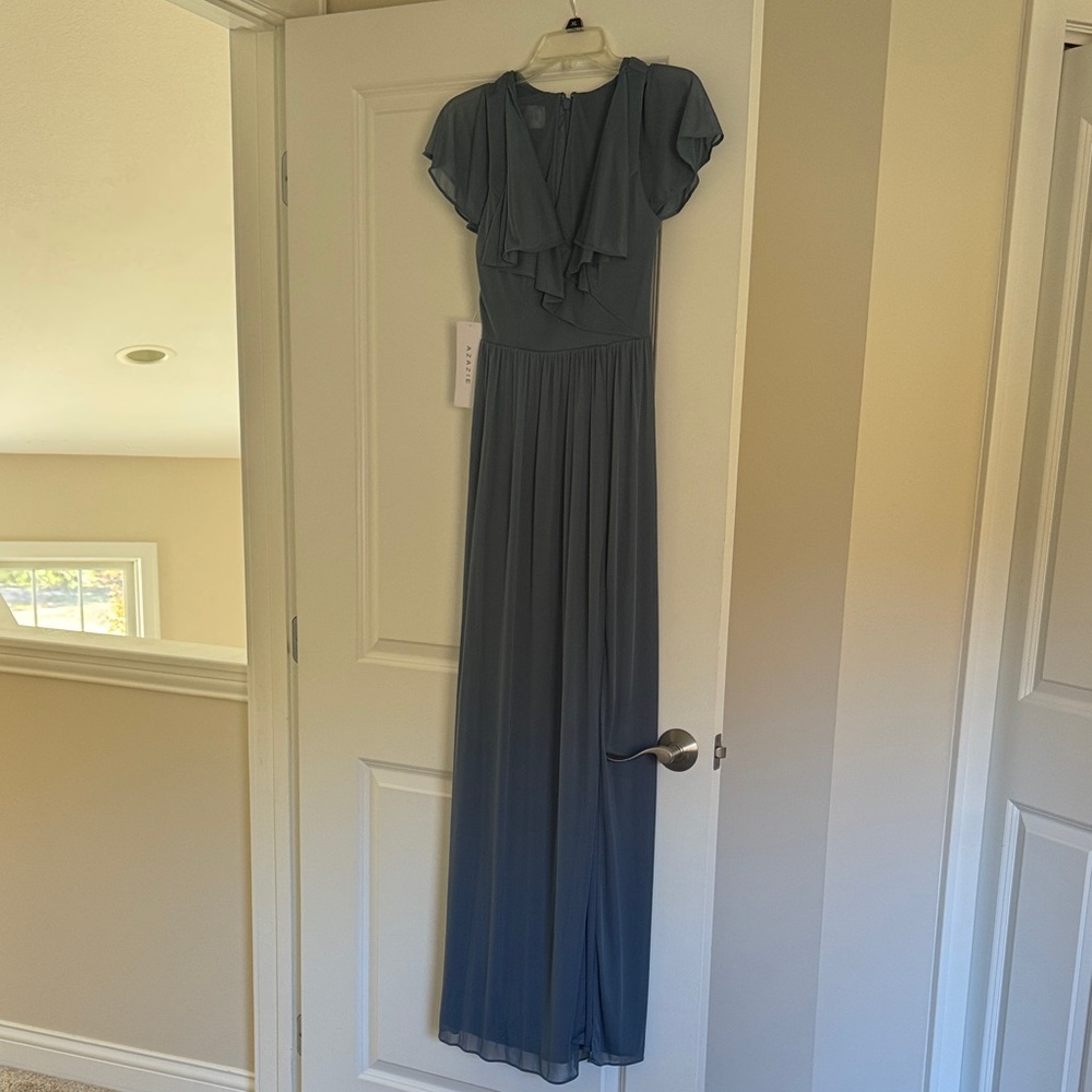 Azazie Slate Blue Ruffle Dress